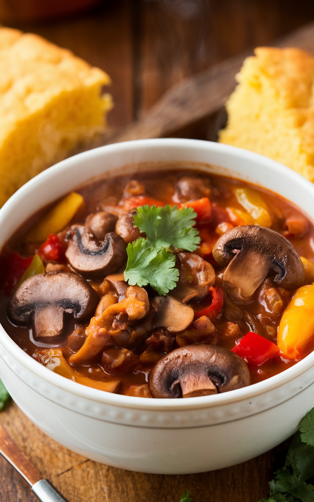 A hearty bowl of smoky mushroom chili with mushrooms and bell peppers, garnished with cilantro, served with cornbread on a rustic table.