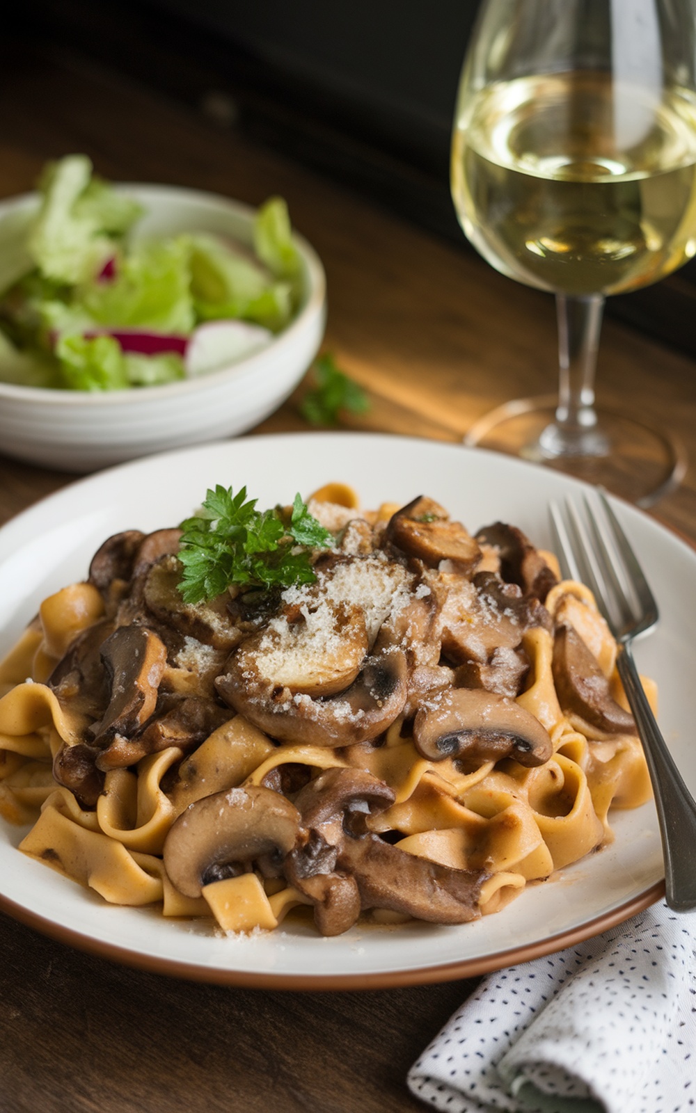 A delicious serving of mushroom pappardelle topped with parsley and Parmesan, accompanied by a glass of white wine.