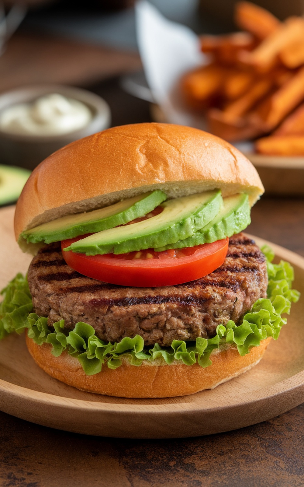 A hearty mushroom veggie burger topped with avocado, lettuce, and tomato on a rustic wooden plate, served with sweet potato fries.