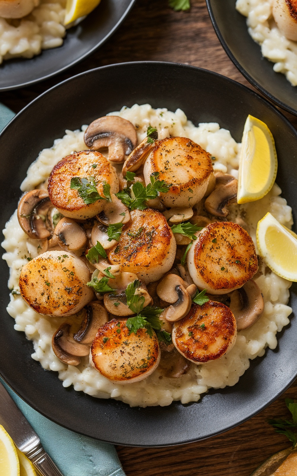Pan-seared scallops with garlic mushroom sauce on a plate, garnished with parsley and served with risotto.