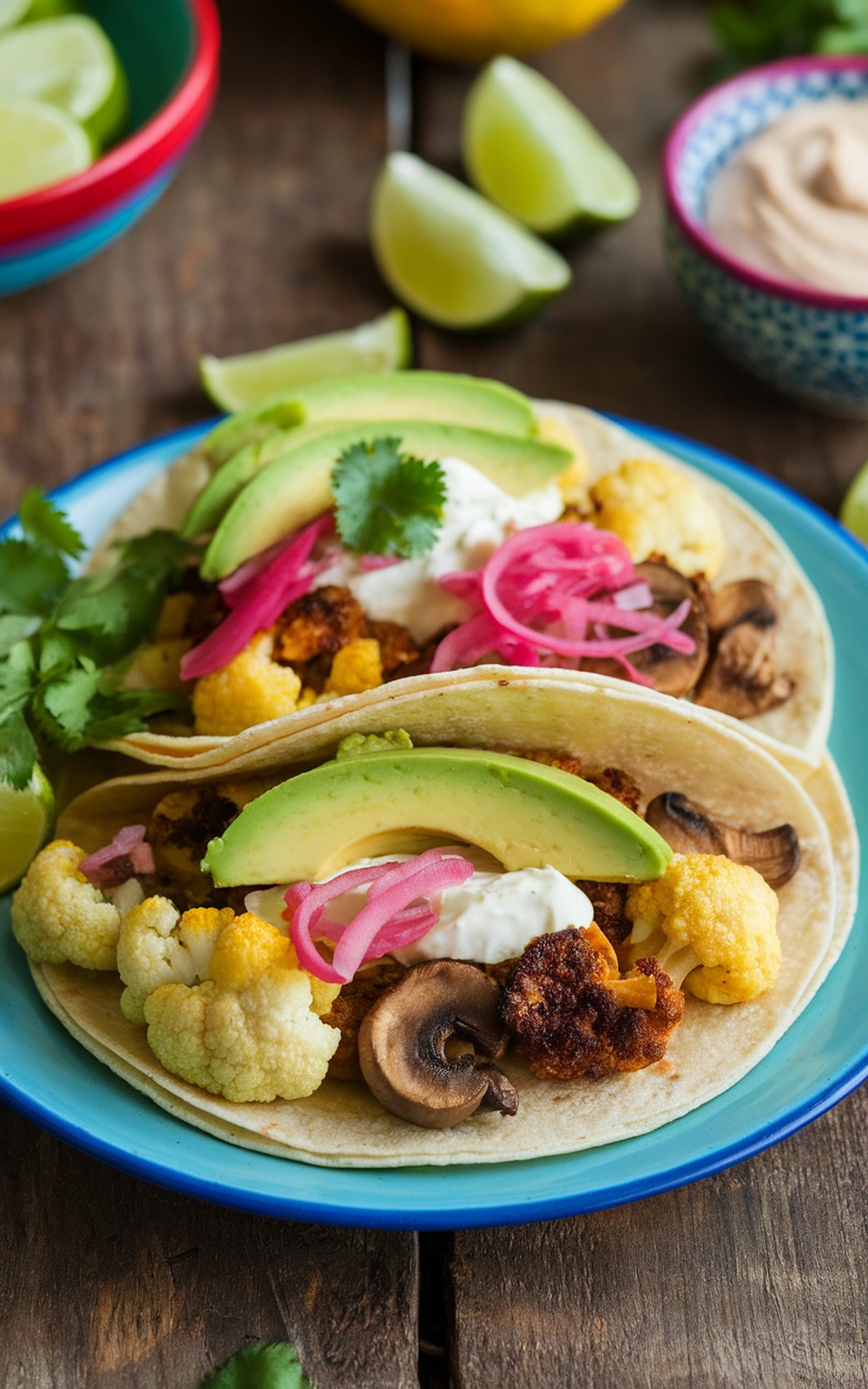 Roasted mushroom and cauliflower tacos with lime crema, avocado, and pickled onions on a wooden table.
