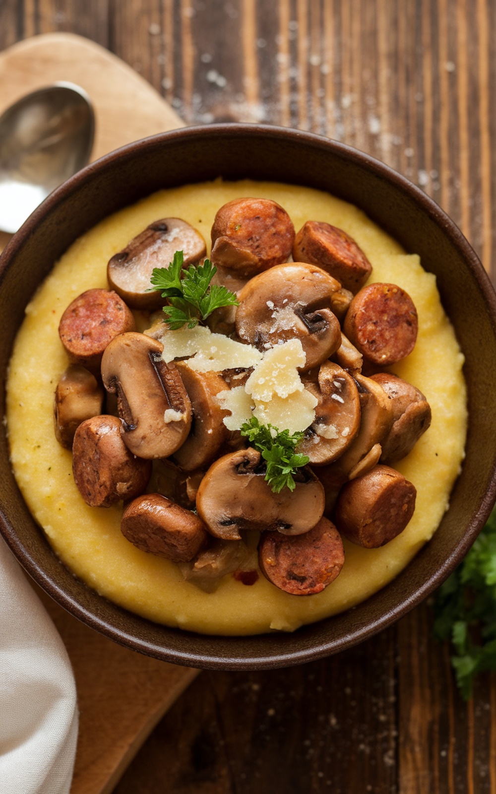 Creamy polenta bowl with Italian sausage and mushrooms, garnished with parsley, on a rustic wooden table.
