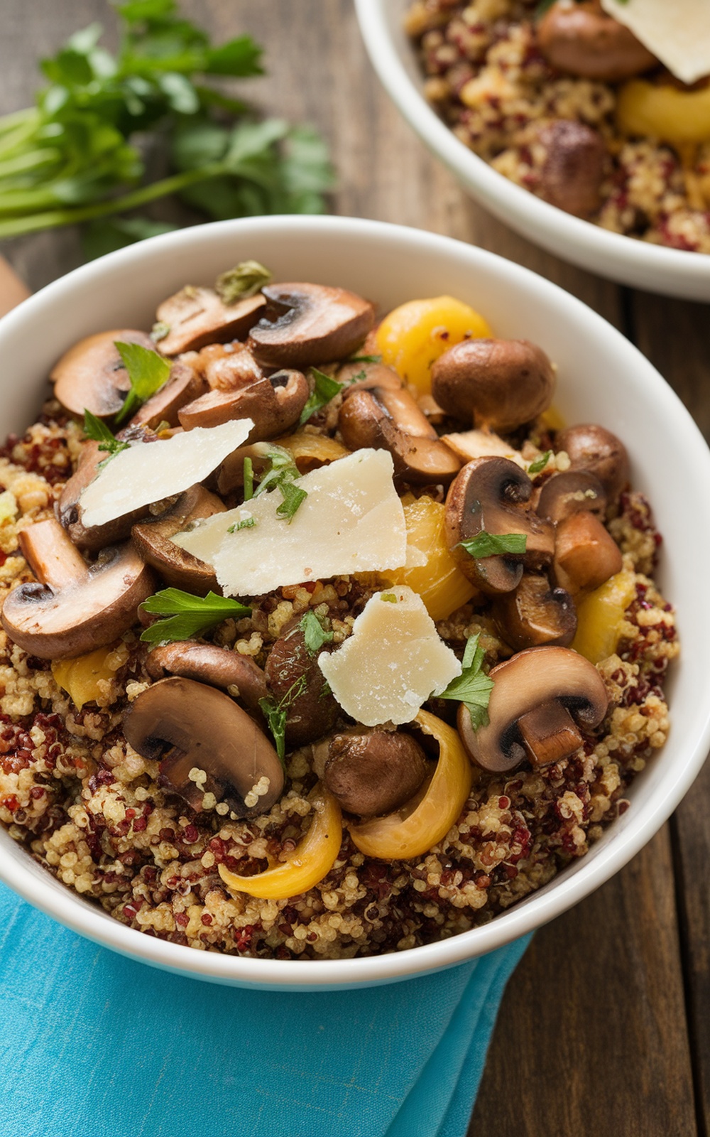 A colorful bowl of quinoa with wild mushrooms, garnished with parsley and Parmesan on a wooden table.