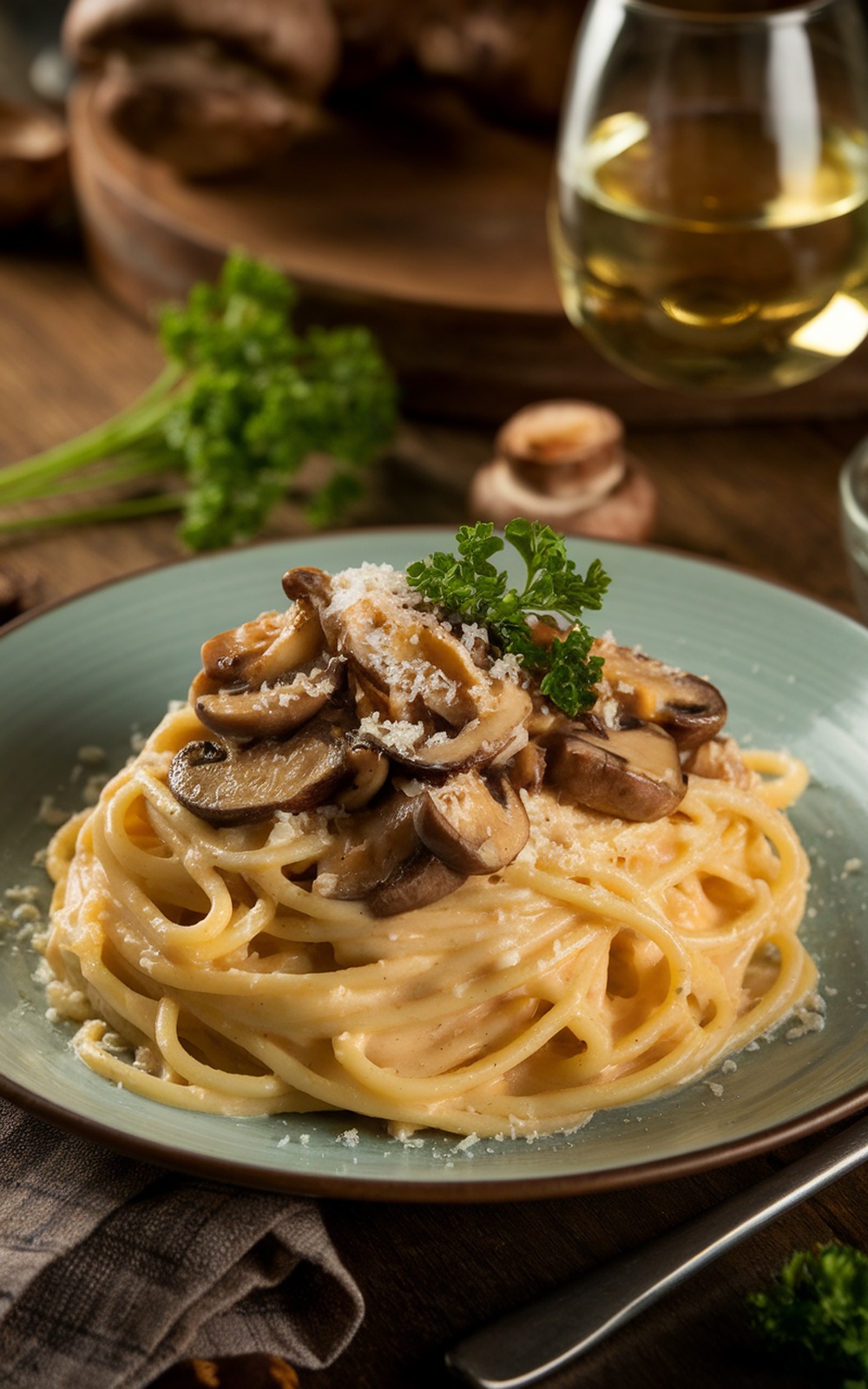 Spaghetti carbonara with mushrooms, garnished with parsley and Parmesan, served with a glass of white wine.