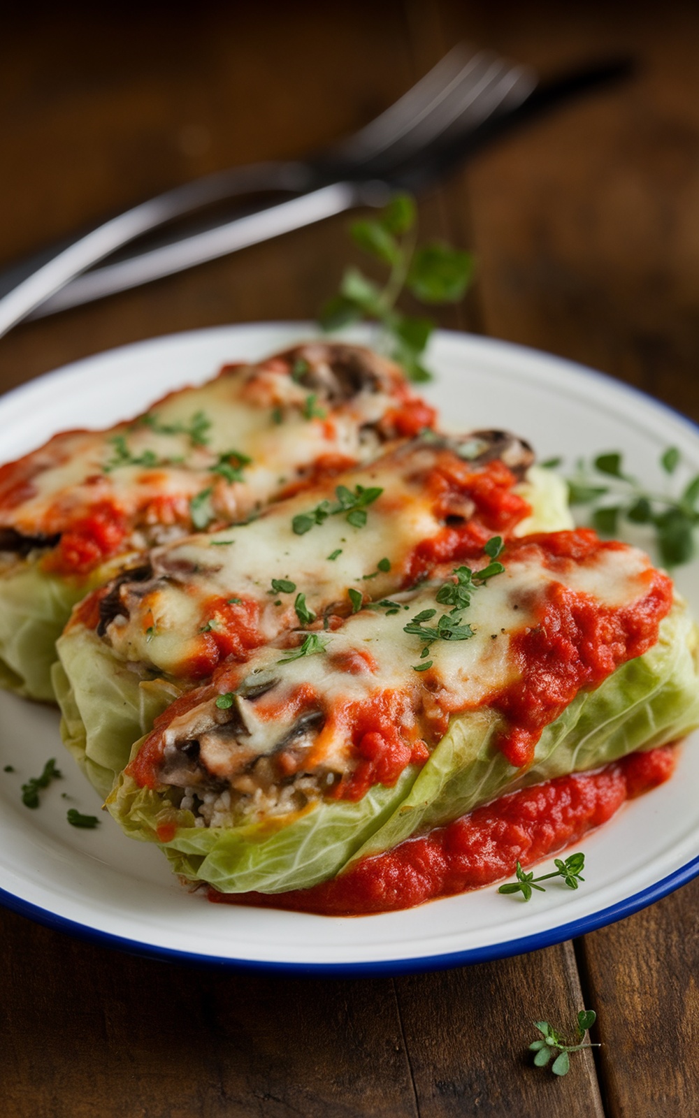 Stuffed cabbage rolls with mushroom filling in tomato sauce, garnished with herbs on a rustic table.