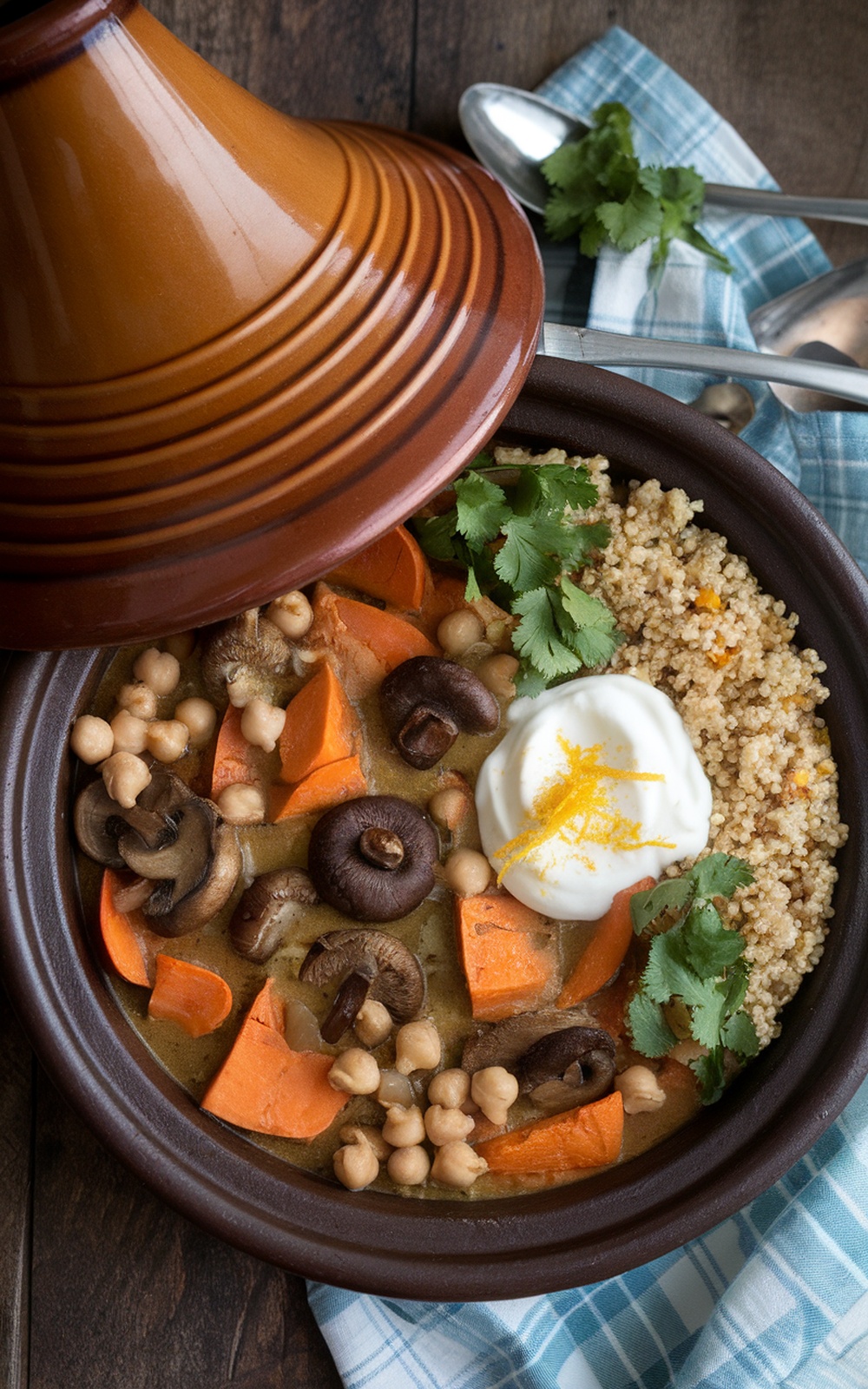 Moroccan sweet potato mushroom tagine with chickpeas and spices, garnished with cilantro and served with quinoa and yogurt.