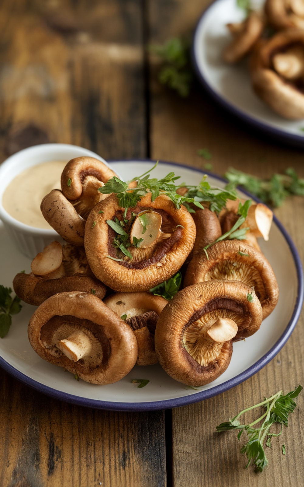 Crispy air fried mushrooms served with dipping sauce on a rustic wooden table.