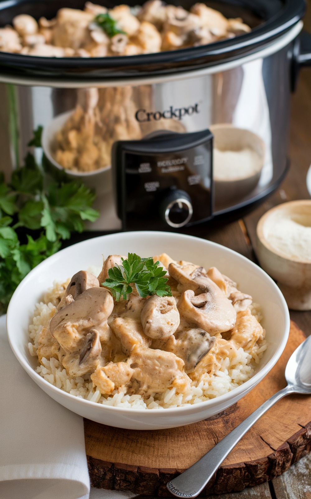 Creamy chicken and mushroom dish served over rice, garnished with parsley, with a crockpot in the background.