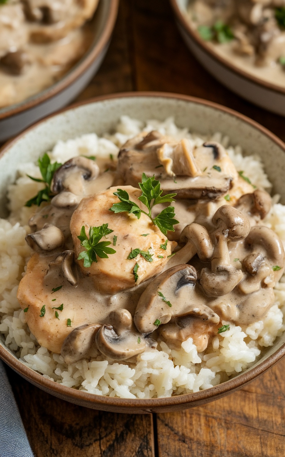 Cream of mushroom chicken served over rice with wild mushrooms and parsley garnish on a rustic table.