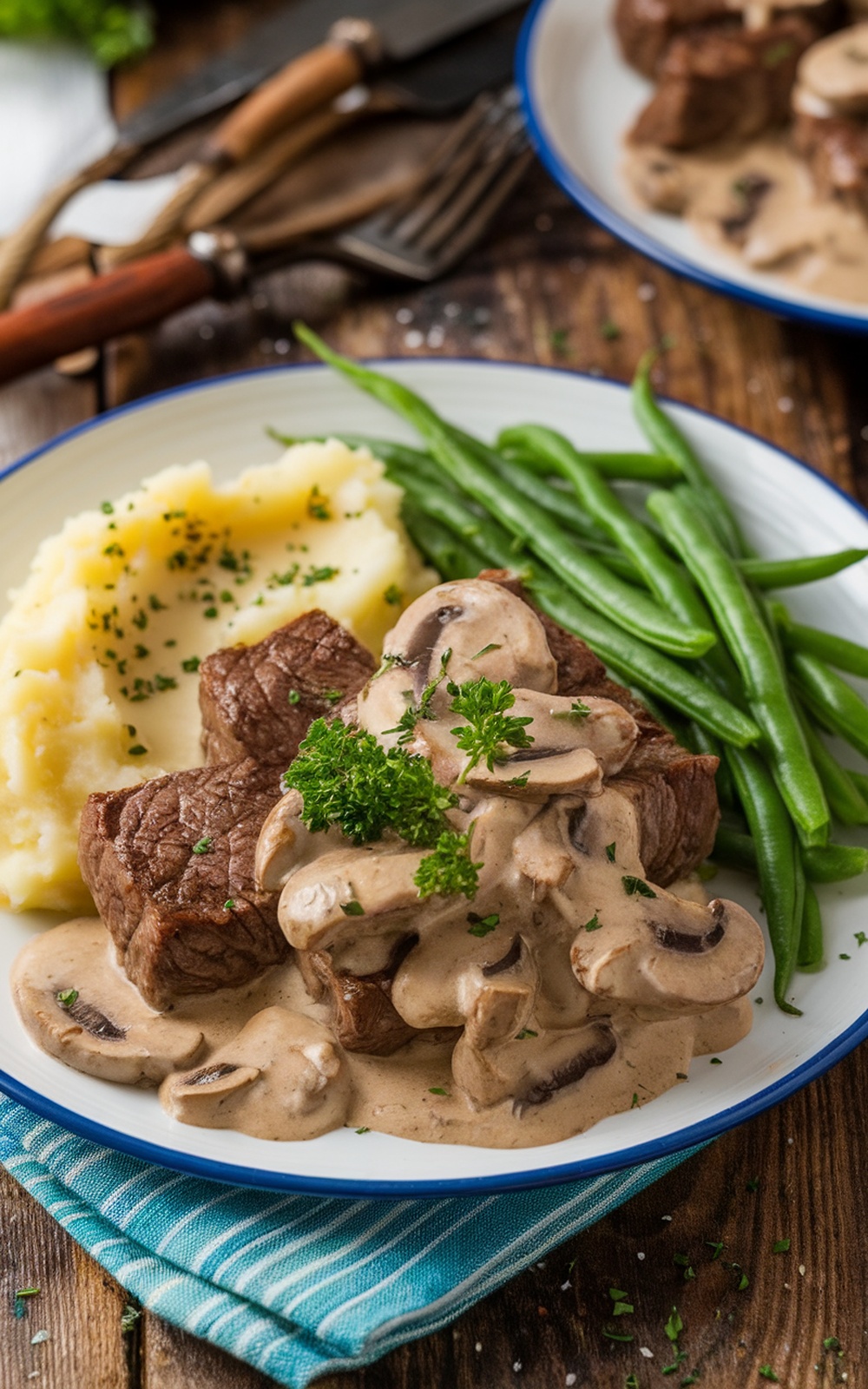 Cream of mushroom cube steak served with mashed potatoes and green beans on a rustic table.