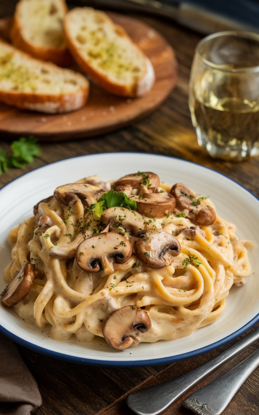Creamy mushroom carbonara with pasta and sautéed mushrooms, garnished with parsley and served with garlic bread.