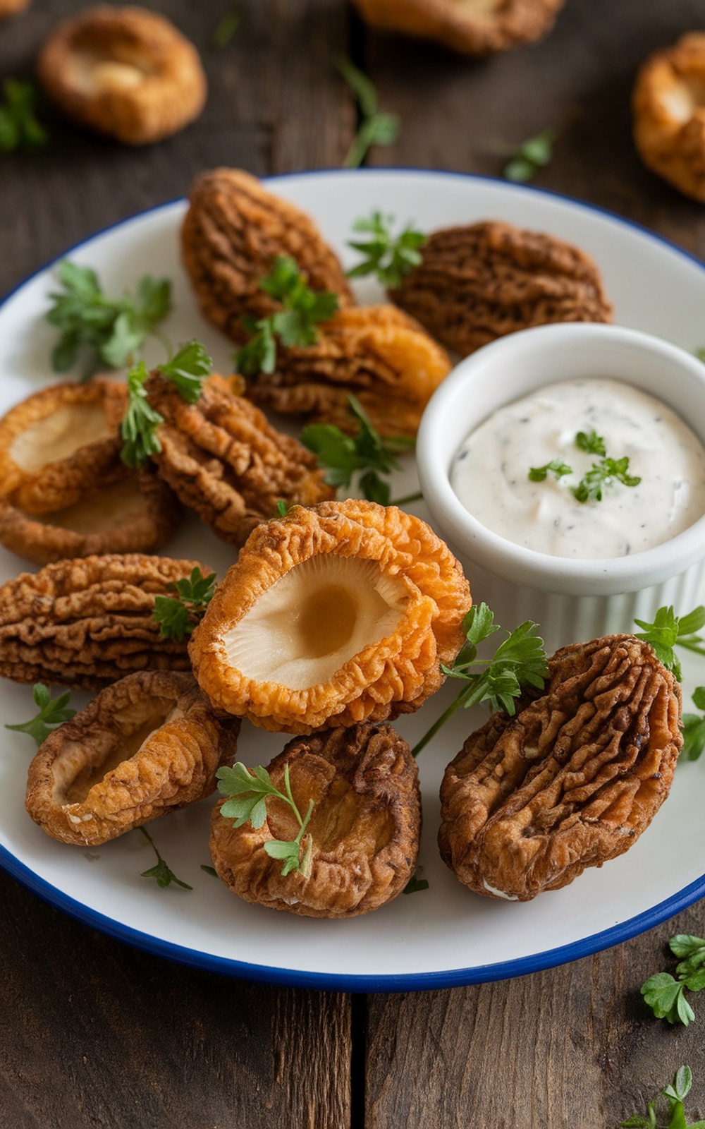 Crispy fried morel mushrooms served with ranch dressing on a rustic wooden table.