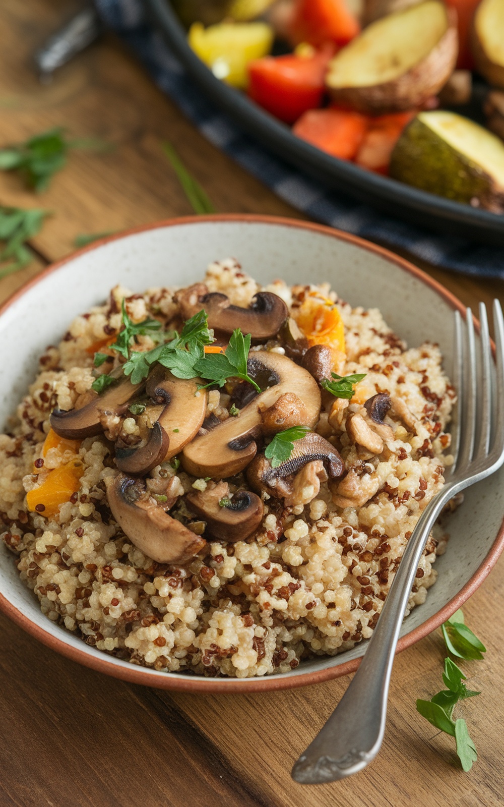Garlic Mushroom Quinoa Pilaf in a rustic bowl with sautéed mushrooms and parsley, served with roasted vegetables.