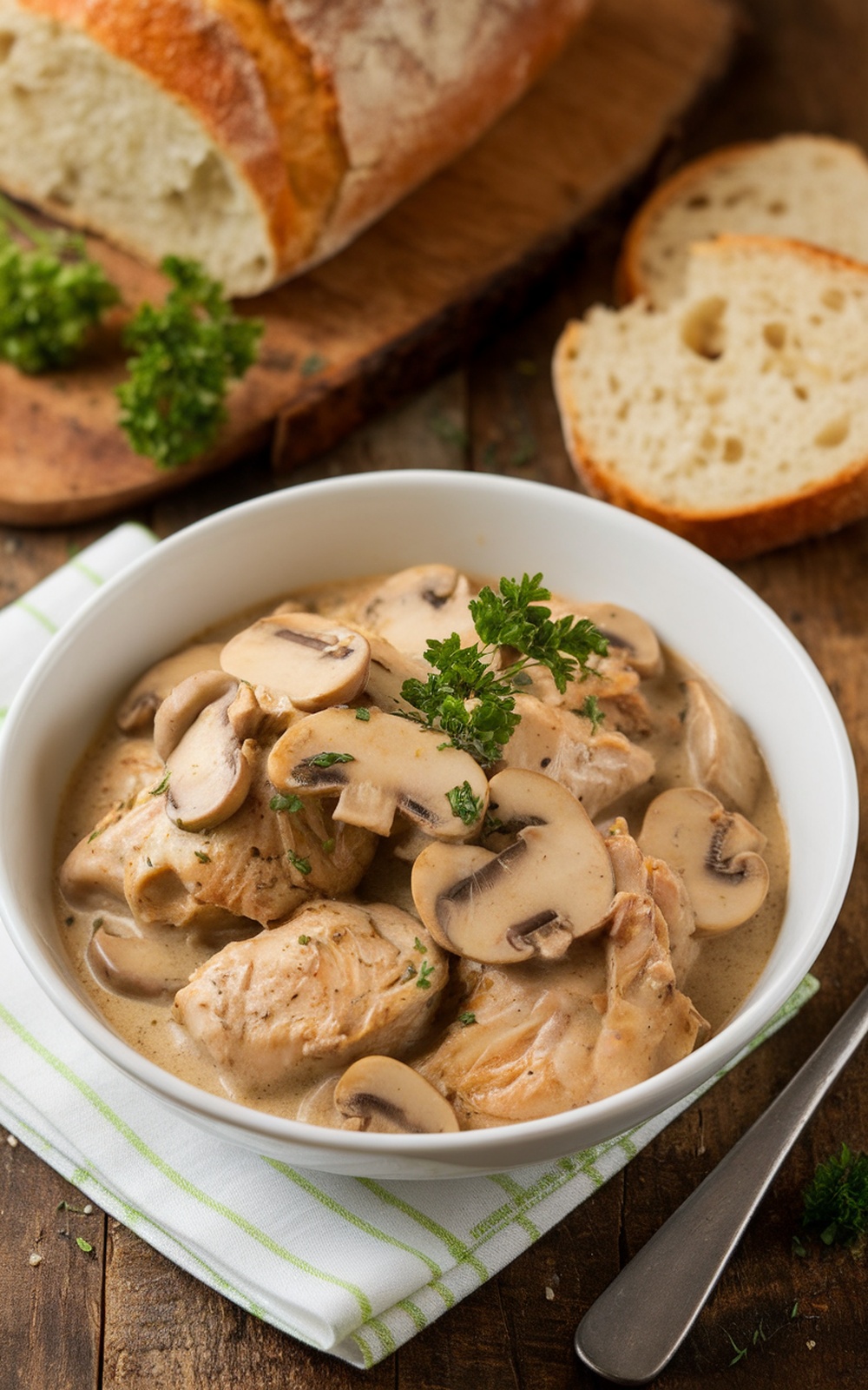 Gourmet crockpot chicken with cream of mushroom sauce, garnished with parsley, served with crusty bread.
