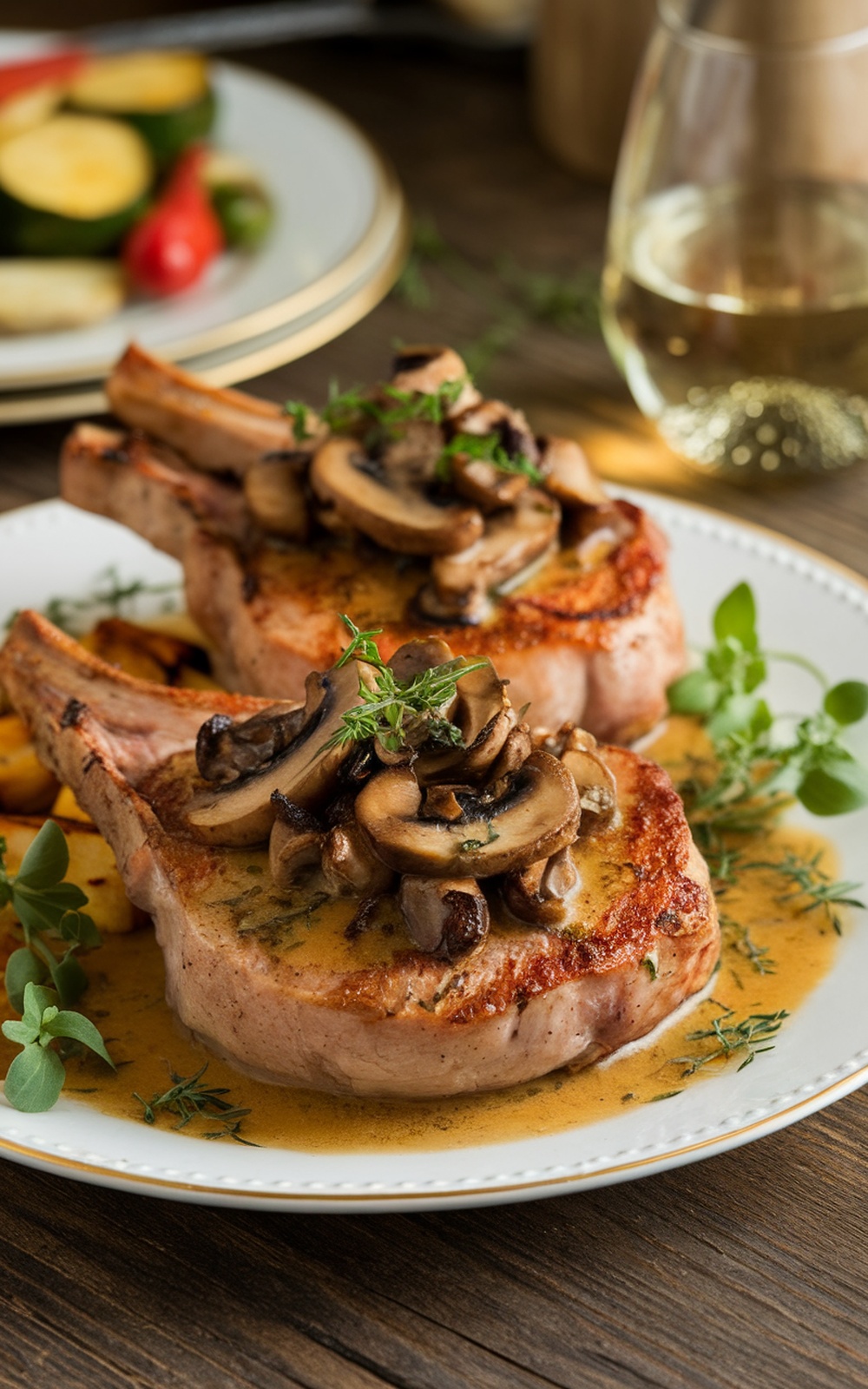 Juicy pork chops with mushrooms in garlic-herb butter sauce, served with roasted vegetables and a glass of wine.