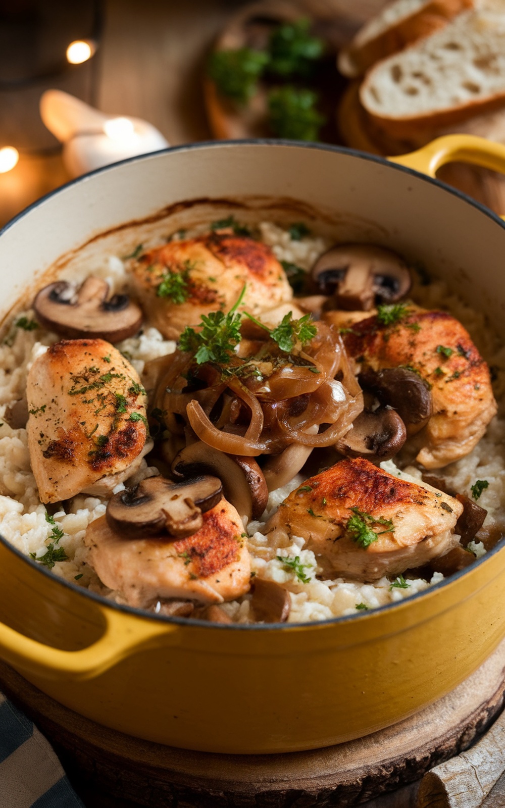 Creamy One-Pot Chicken Mushroom Rice Bake Creamy chicken mushroom rice bake in a pot, garnished with parsley, on a wooden table with bread.