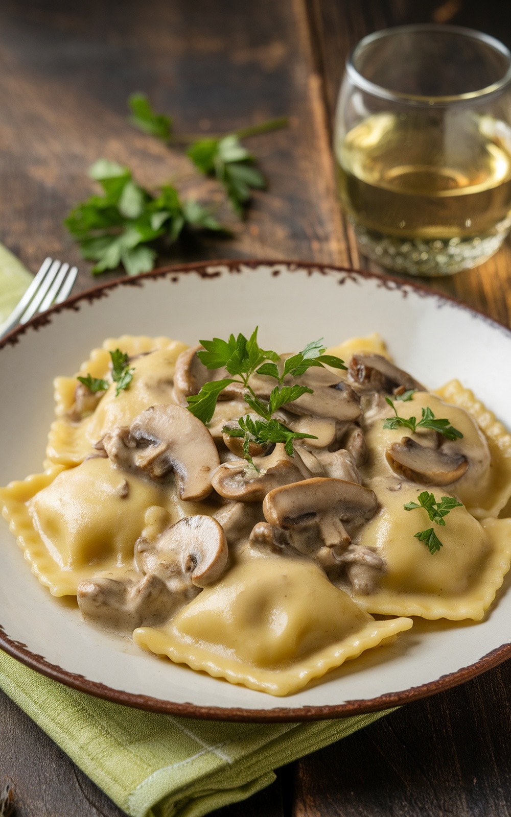 Ravioli in creamy mushroom sauce garnished with parsley on a rustic table.