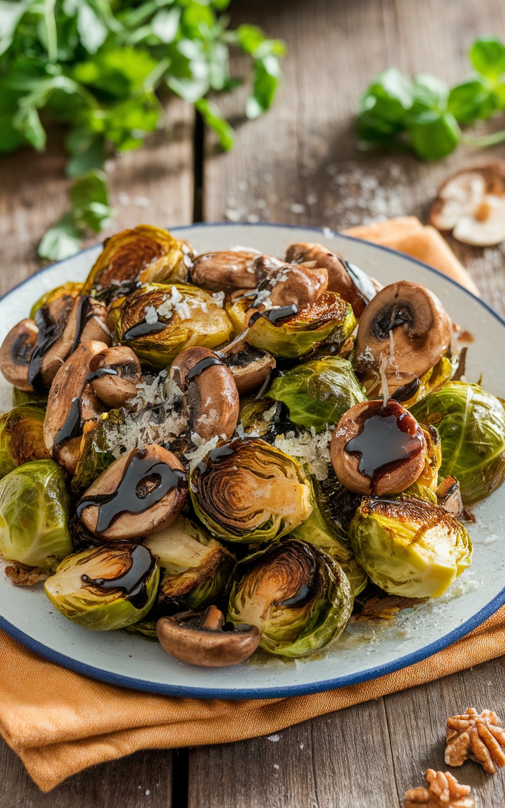 Roasted Brussels sprouts and mushrooms with balsamic glaze and Parmesan cheese on a rustic table.