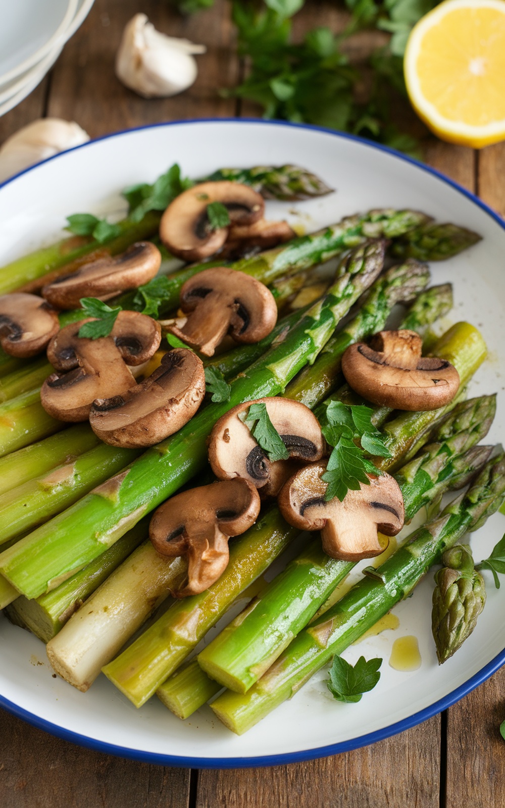 Sautéed asparagus and mushrooms garnished with parsley on a rustic table.