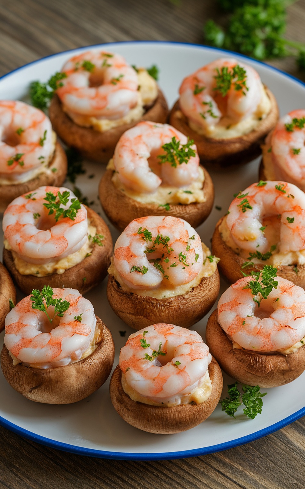 A platter of shrimp stuffed mushrooms, golden and garnished with parsley, ready to serve.