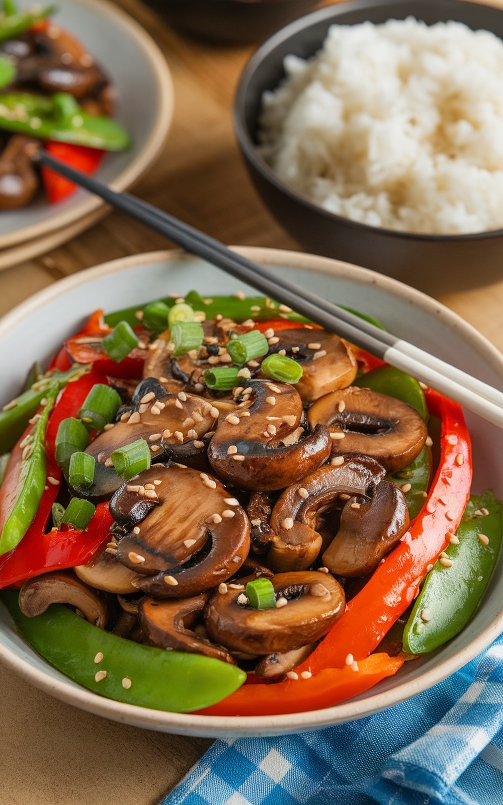 Soy sauce mushroom stir-fry with bell peppers and snap peas, served in a bowl with rice.
