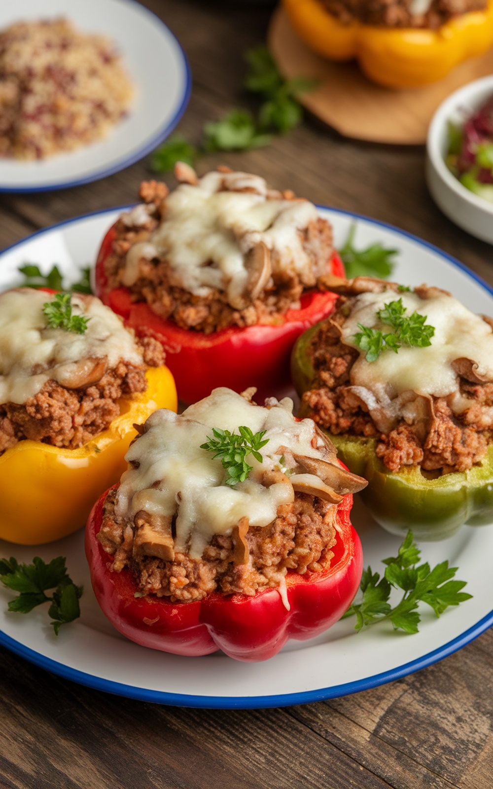 Stuffed bell peppers with ground turkey and mushrooms, topped with cheese, served with quinoa and salad on a rustic table.