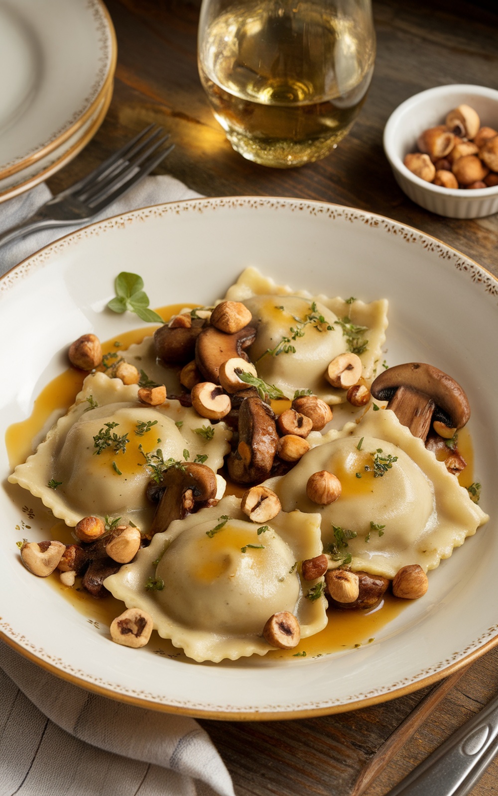 Gourmet mushroom ravioli with brown butter sauce and hazelnuts, garnished with herbs on a rustic table.