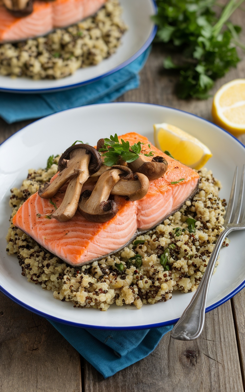 Plated salmon with roasted mushrooms and herb quinoa pilaf, garnished with parsley and lemon.