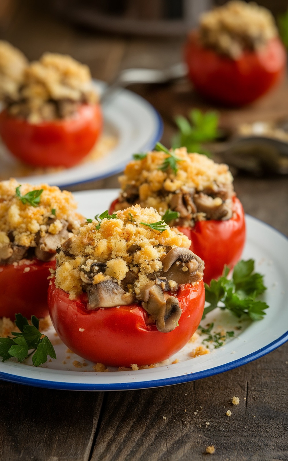 Stuffed tomatoes with mushroom filling, garnished with parsley on a rustic table.
