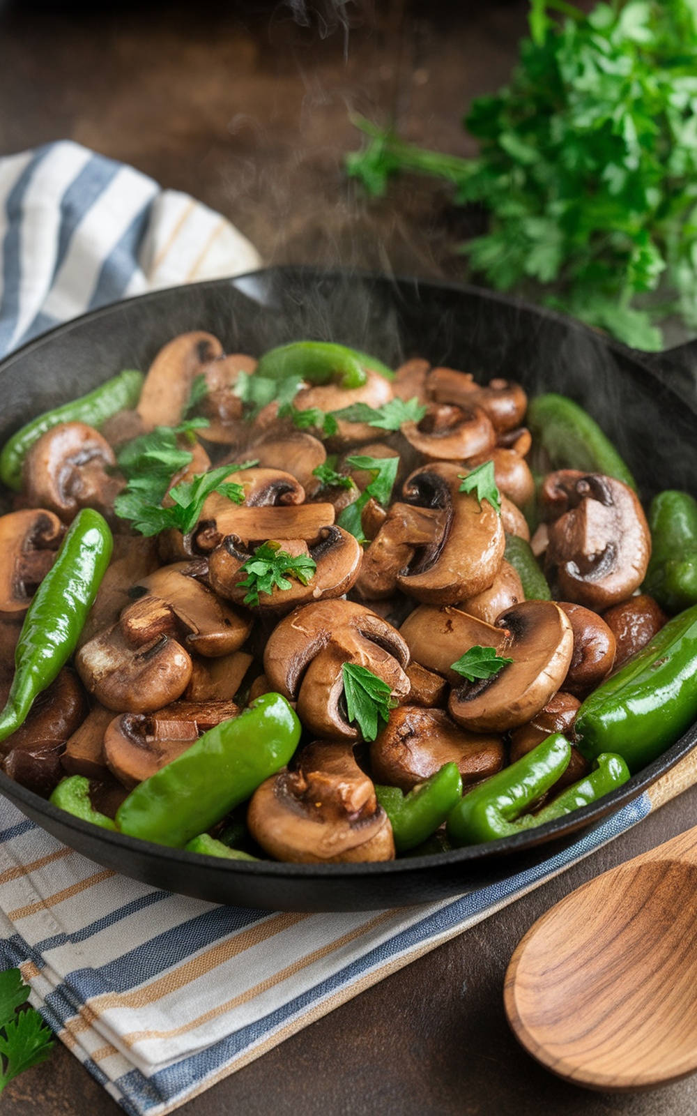 A smoky mushroom and green pepper skillet, garnished with parsley, in a rustic kitchen.