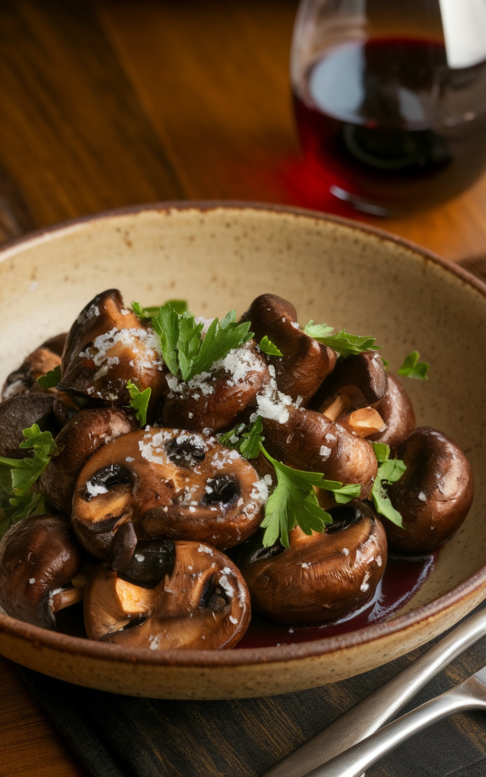 Gourmet burgundy mushrooms in red wine sauce, garnished with parsley and Parmesan, on a rustic table with wine.