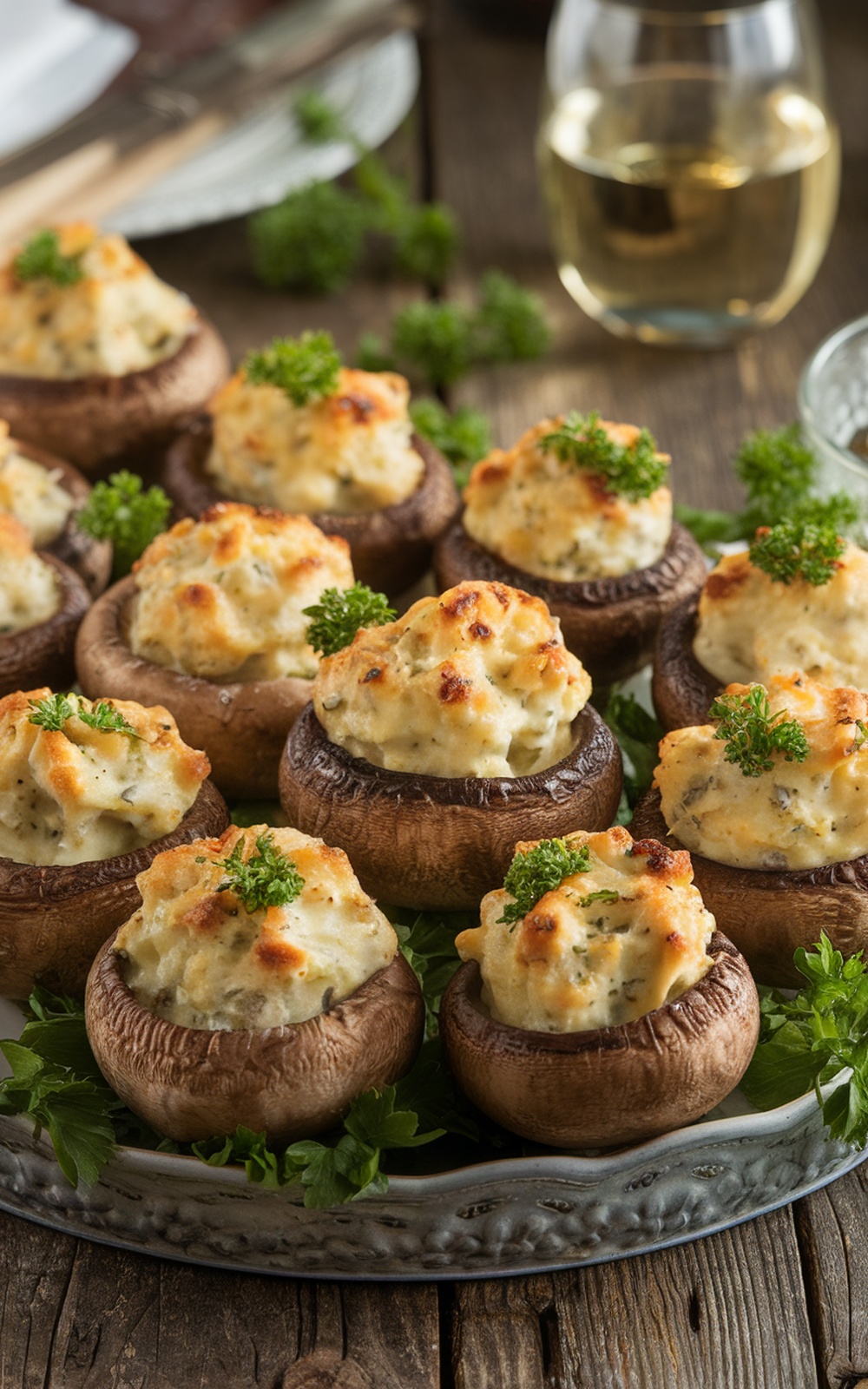 Golden stuffed mushrooms filled with cheese and herbs, garnished with parsley, served on a wooden platter.