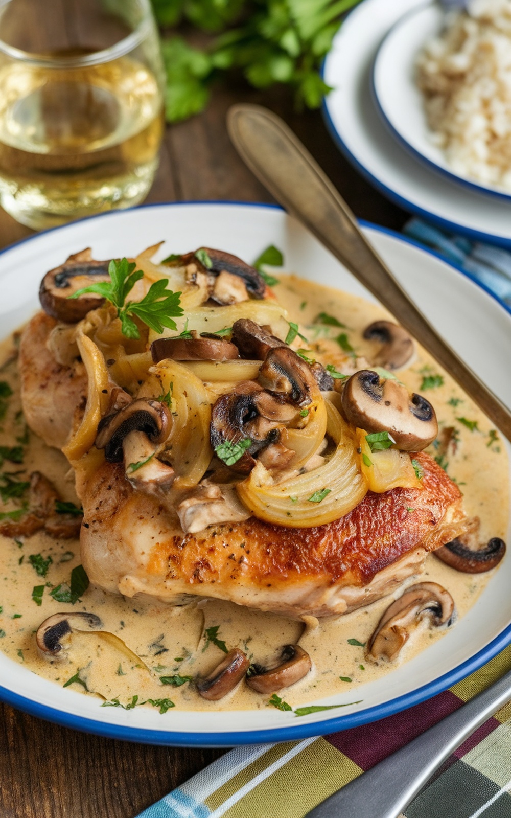 Baked chicken with caramelized onions and mushrooms in garlic-herb cream sauce, served with rice.