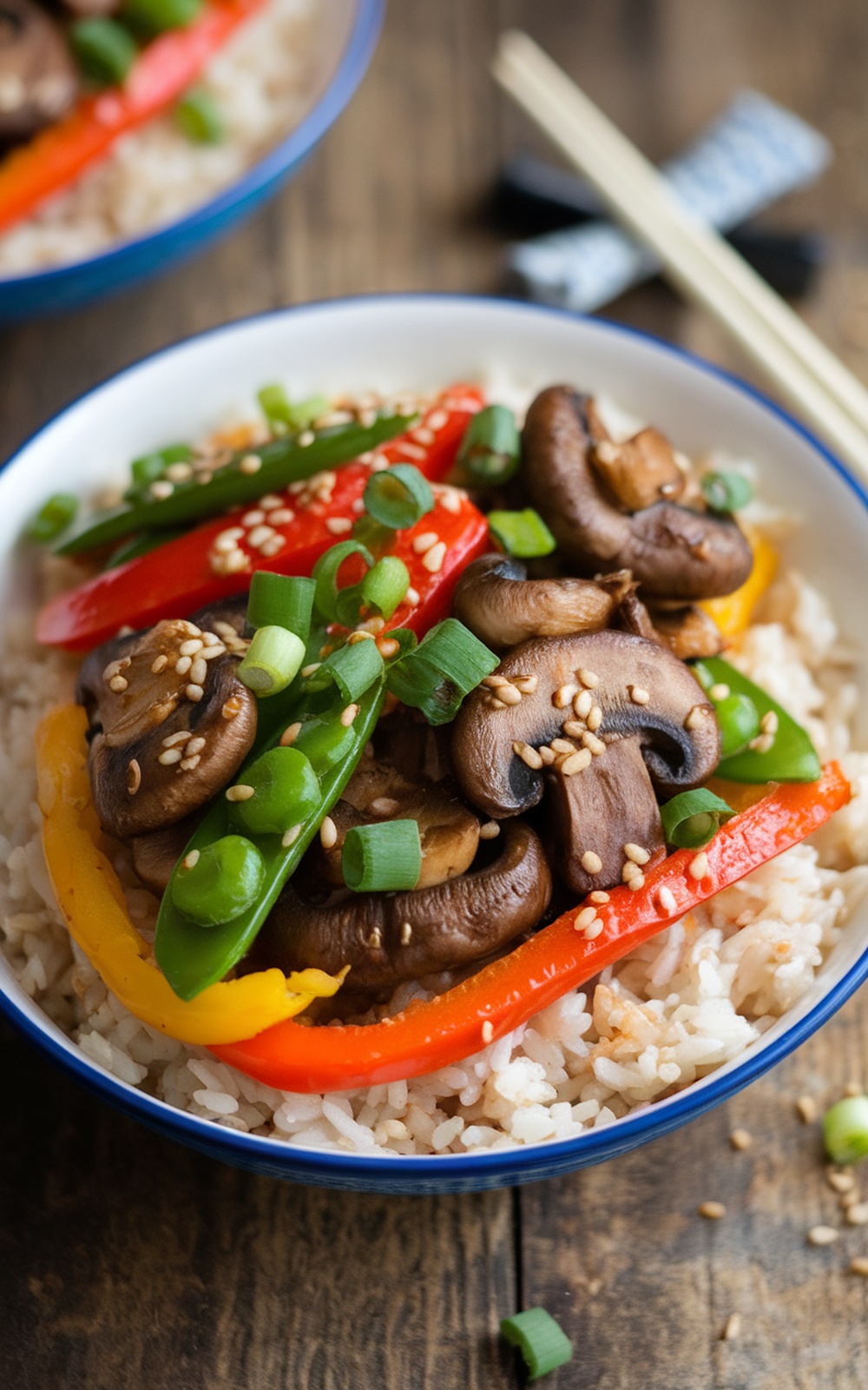 A vibrant bowl of mushroom stir fry with bell peppers and snap peas over jasmine rice, garnished with green onions and sesame seeds.
