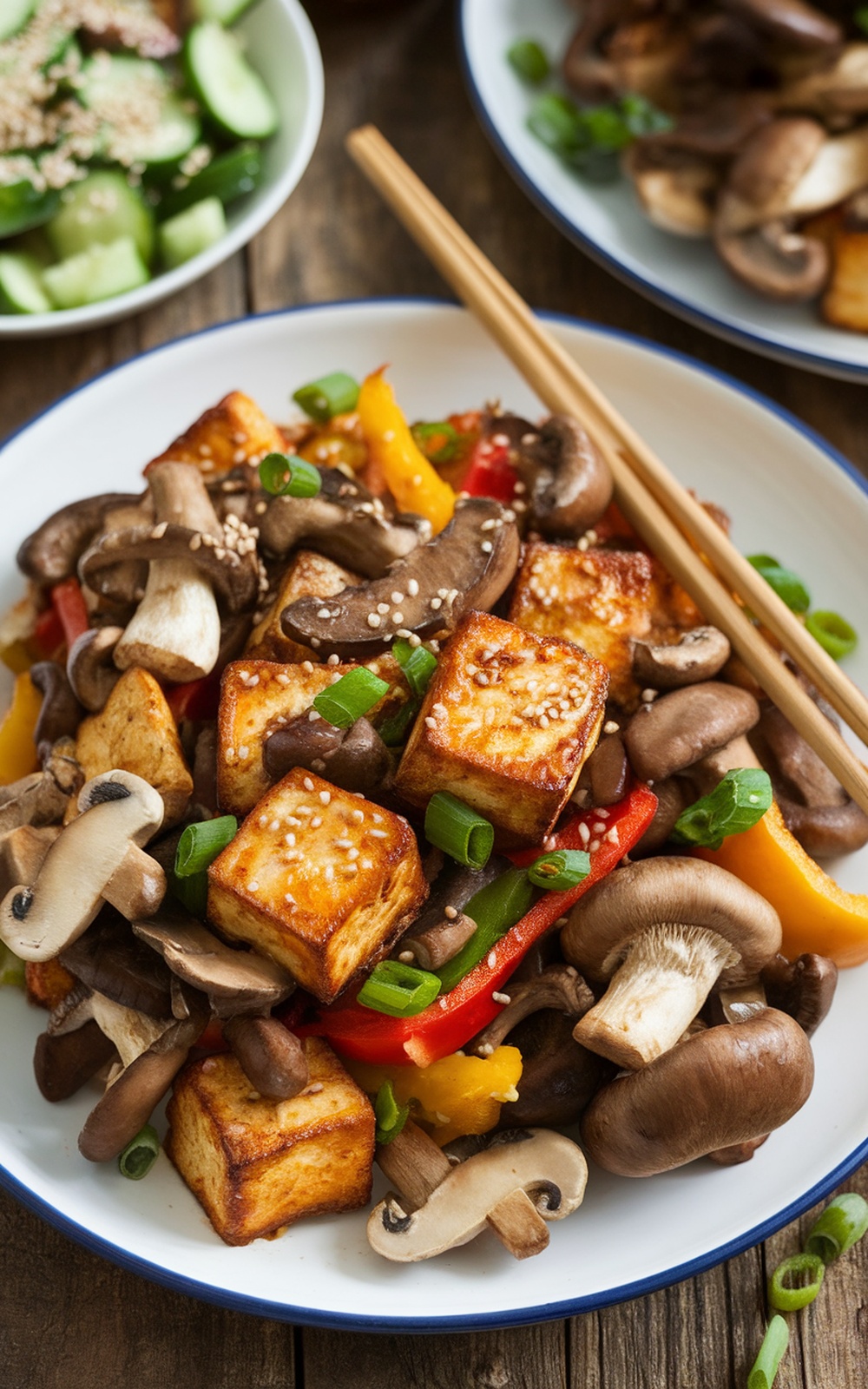 Mushroom tofu stir fry with crispy tofu, king oyster and maitake mushrooms, bell peppers, garnished with green onions and sesame seeds, alongside sesame cucumber salad.
