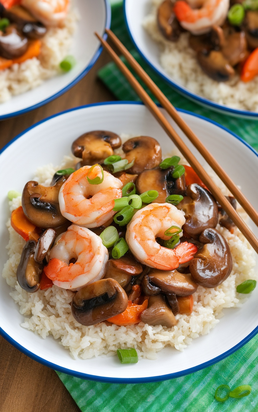 Shrimp mushroom stir fry with shrimp, mushrooms, and green onions over rice.
