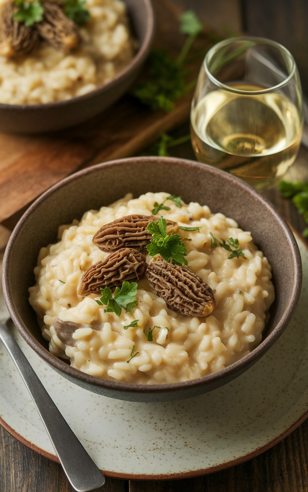 Creamy risotto with dried morel mushrooms and parsley on a wooden table with a glass of white wine.