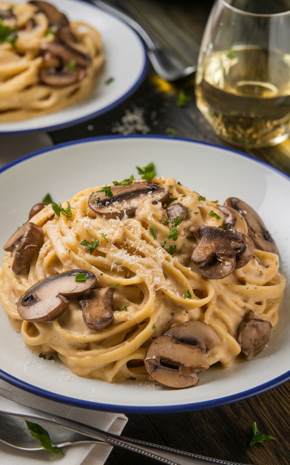 Creamy Mushroom Truffle Carbonara Recipe Creamy mushroom truffle carbonara with wild mushrooms and parsley on a rustic table.