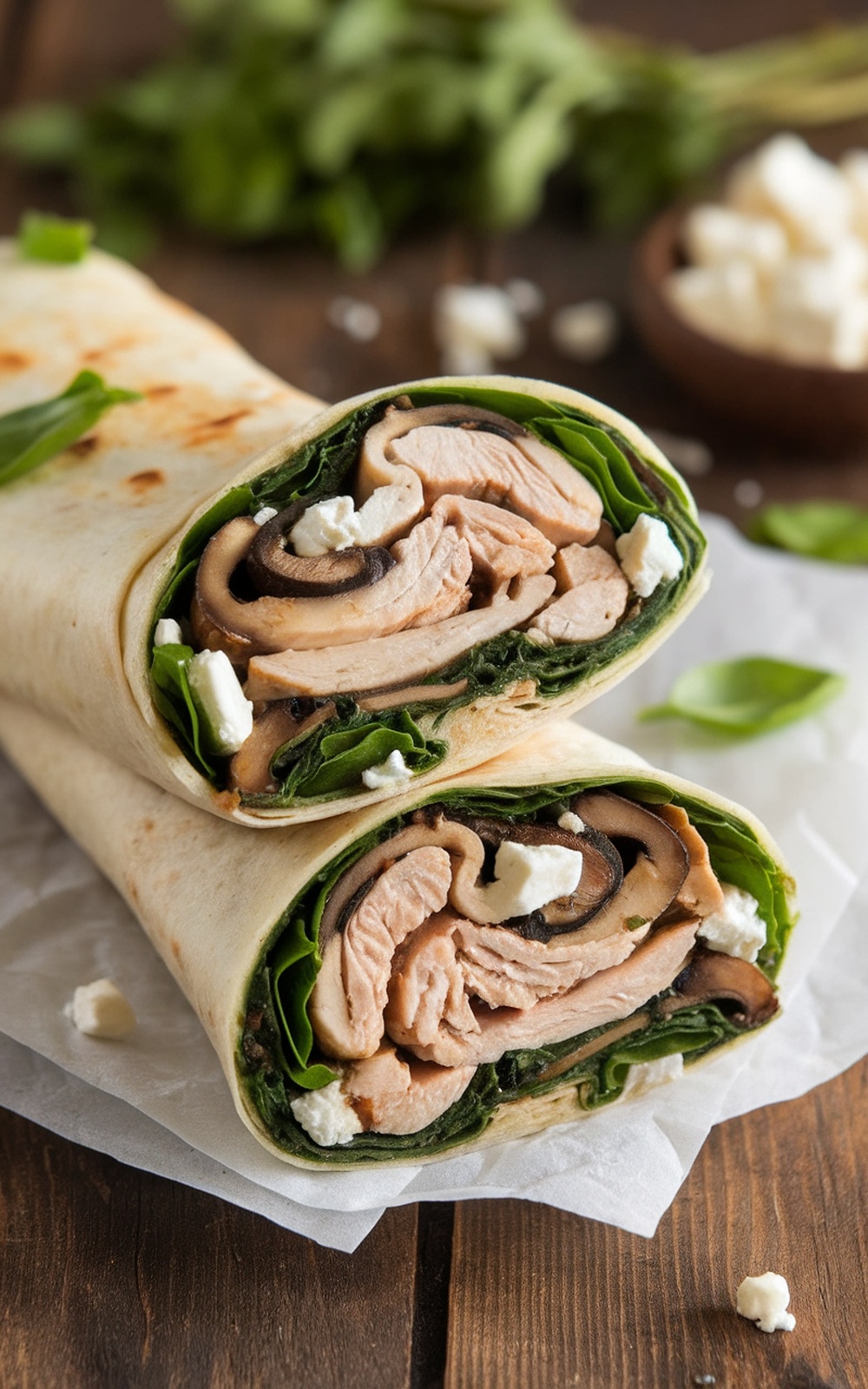 Mediterranean chicken, mushroom, and spinach wrap sliced in half, revealing colorful filling on a rustic table.