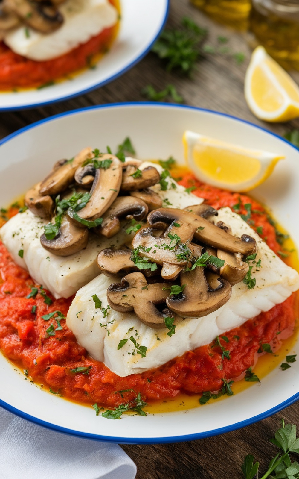 Mediterranean fish and mushroom dish with tomato sauce, garnished with parsley and lemon wedges.