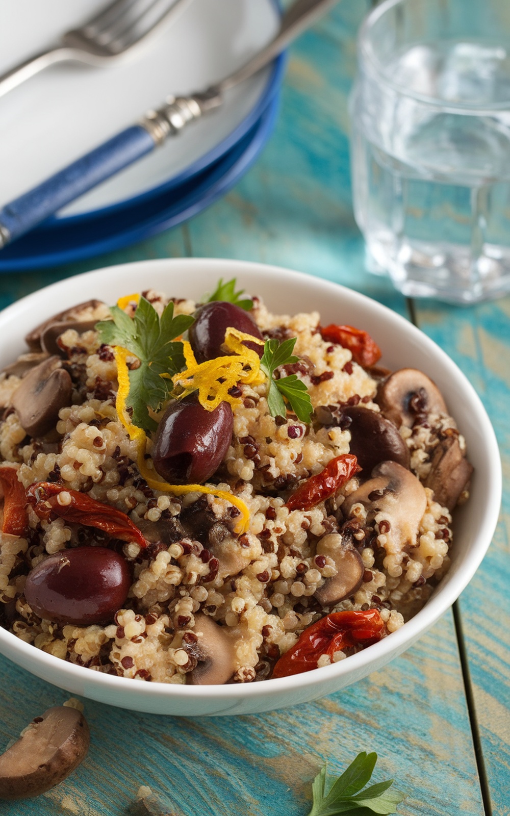 Mediterranean quinoa and mushroom bowl with sun-dried tomatoes, olives, and parsley on a rustic table.