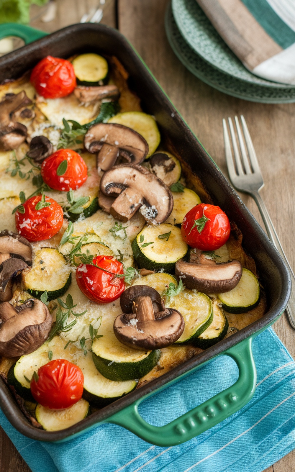 Mediterranean roasted mushroom and zucchini bake with zucchini, mushrooms, cherry tomatoes, and Parmesan, garnished with fresh herbs.