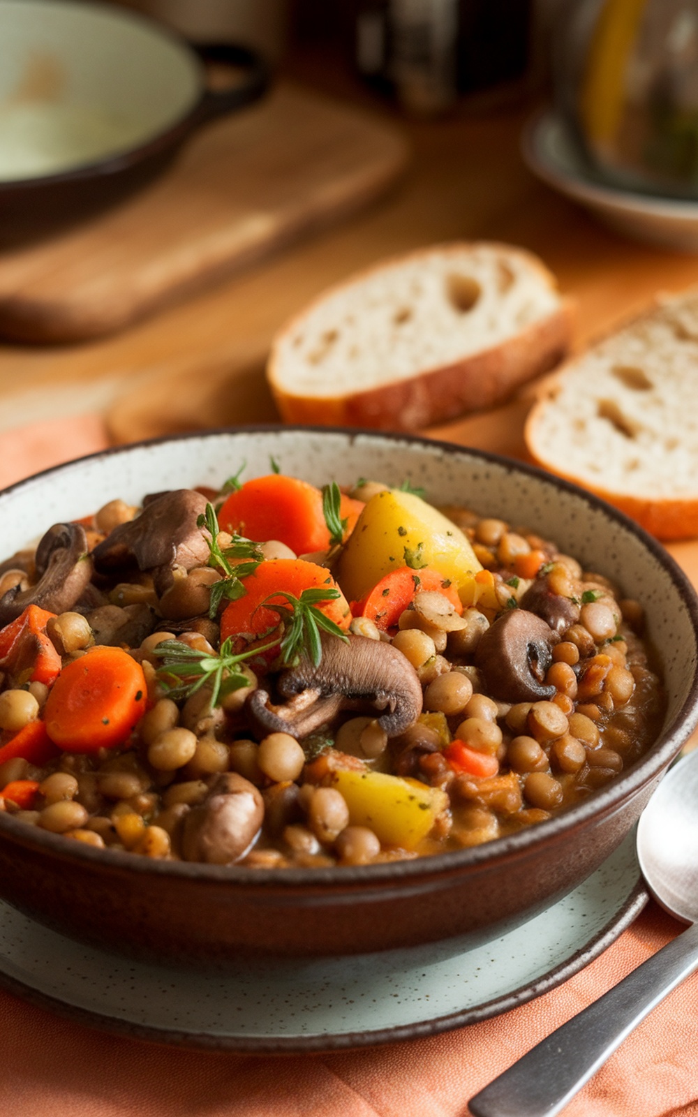 A hearty bowl of mushroom and lentil stew with fresh herbs and vegetables, accompanied by crusty bread.
