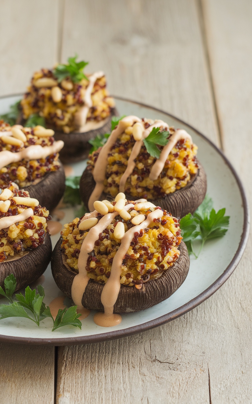 Quinoa-stuffed portobello mushrooms drizzled with tahini, garnished with pine nuts and parsley on a wooden table.