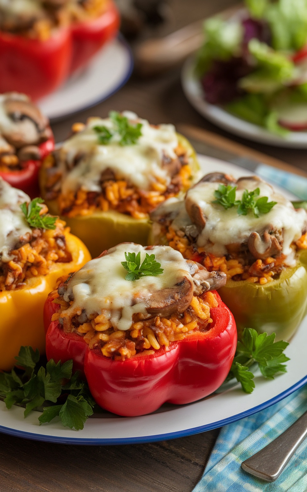 Stuffed bell peppers with mushrooms and cheese on a rustic table with a side salad.
