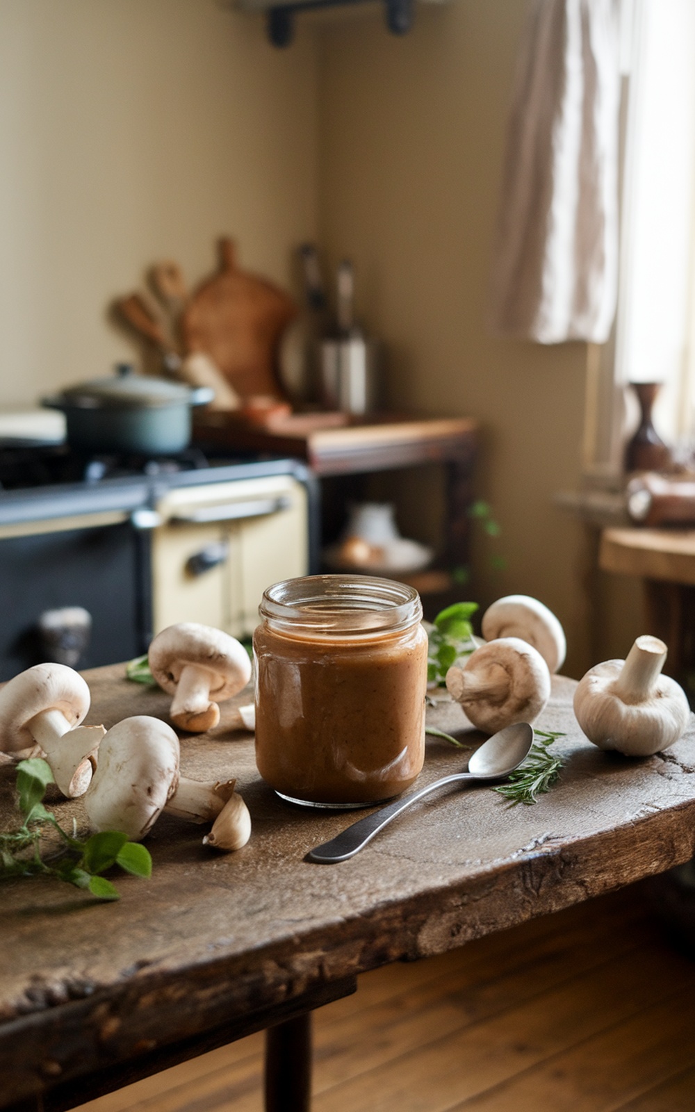 A jar of homemade mushroom paste with fresh mushrooms and garlic on a wooden table.