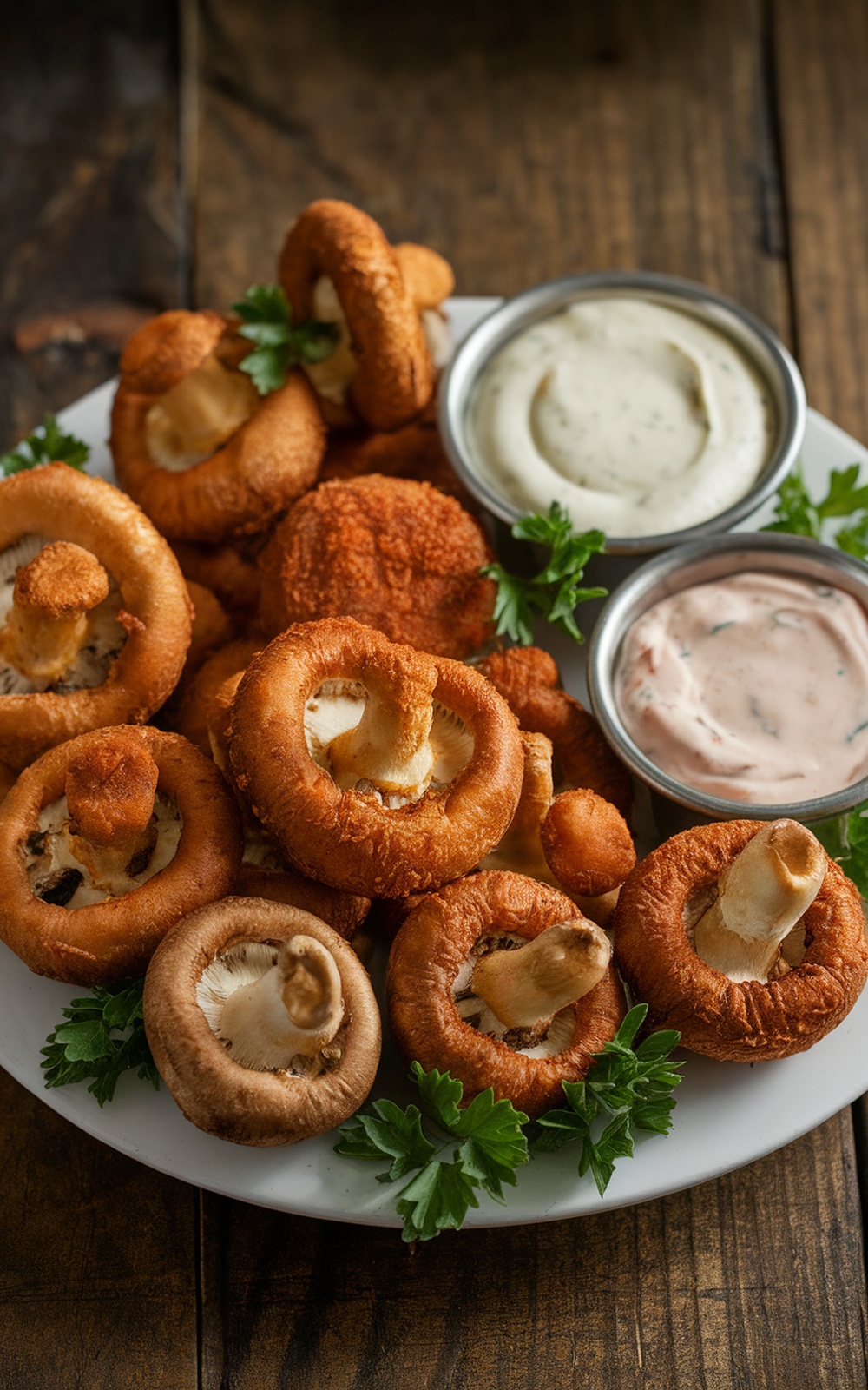 Crispy fried mushrooms served with garlic aioli, ranch, and sriracha mayo on a wooden table.