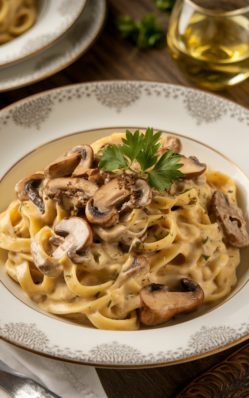 Creamy truffle mushroom pasta garnished with parsley and truffle oil on a rustic table with a glass of wine.