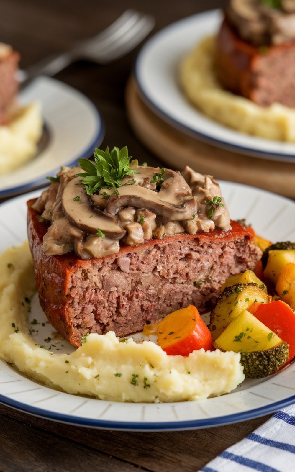Gourmet meatloaf slice with mushroom sauce, mashed potatoes, and roasted vegetables on a plate.