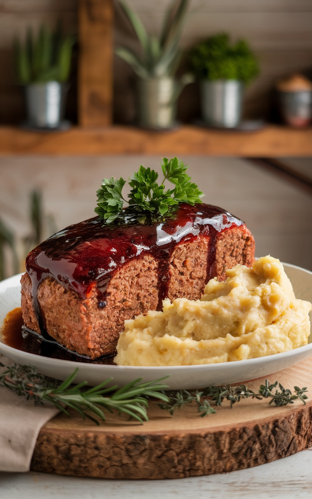 A savory meatloaf with balsamic glaze on a plate with mashed cauliflower.